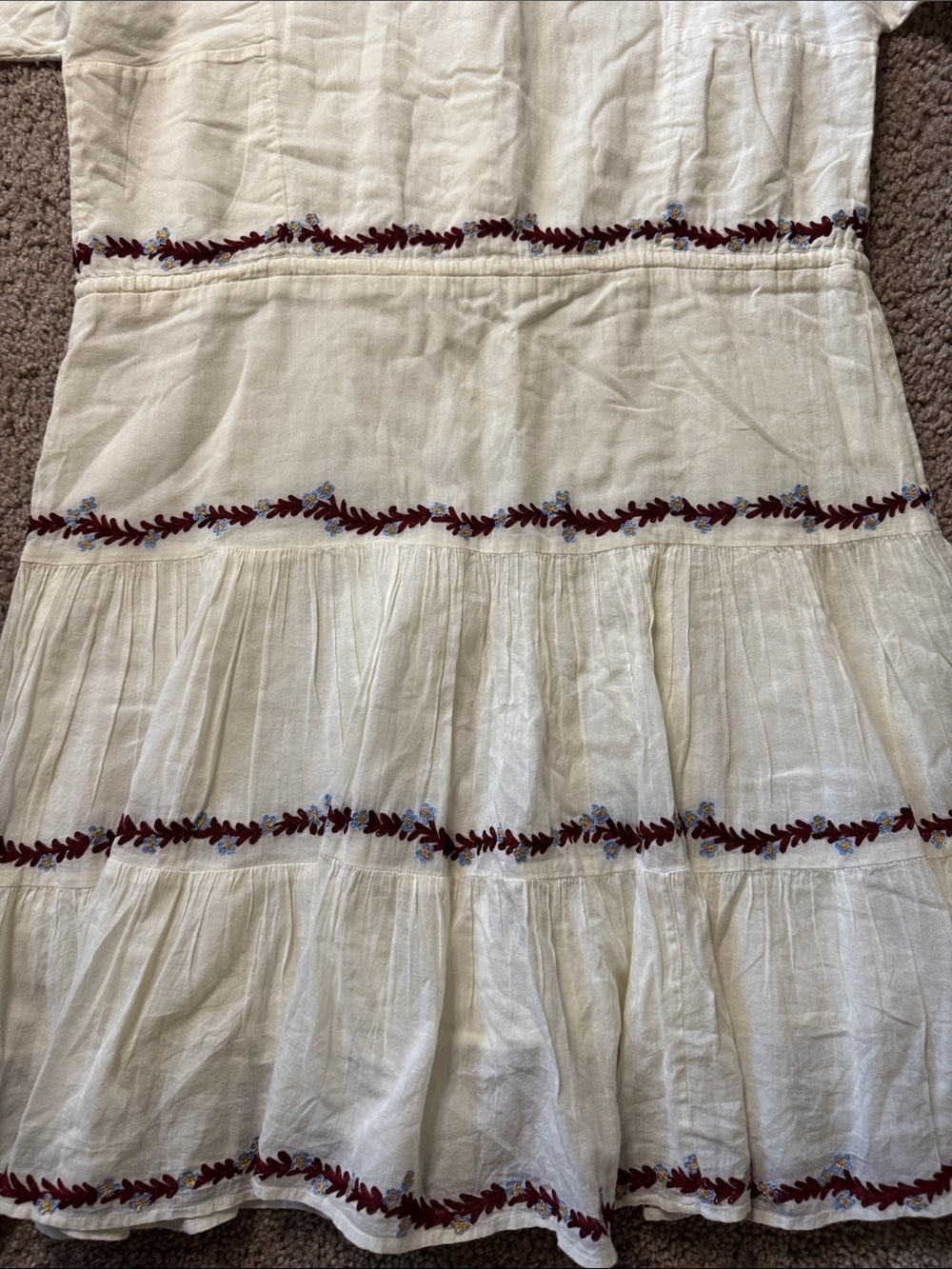 Cream Short-Sleeve Tiered Shirt Dress with Burgundy Trim - Picture 6 of 6